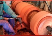 Woodturning Giant Red Log Using Dangerous Techniques |  by @WoodworkingCraftsman